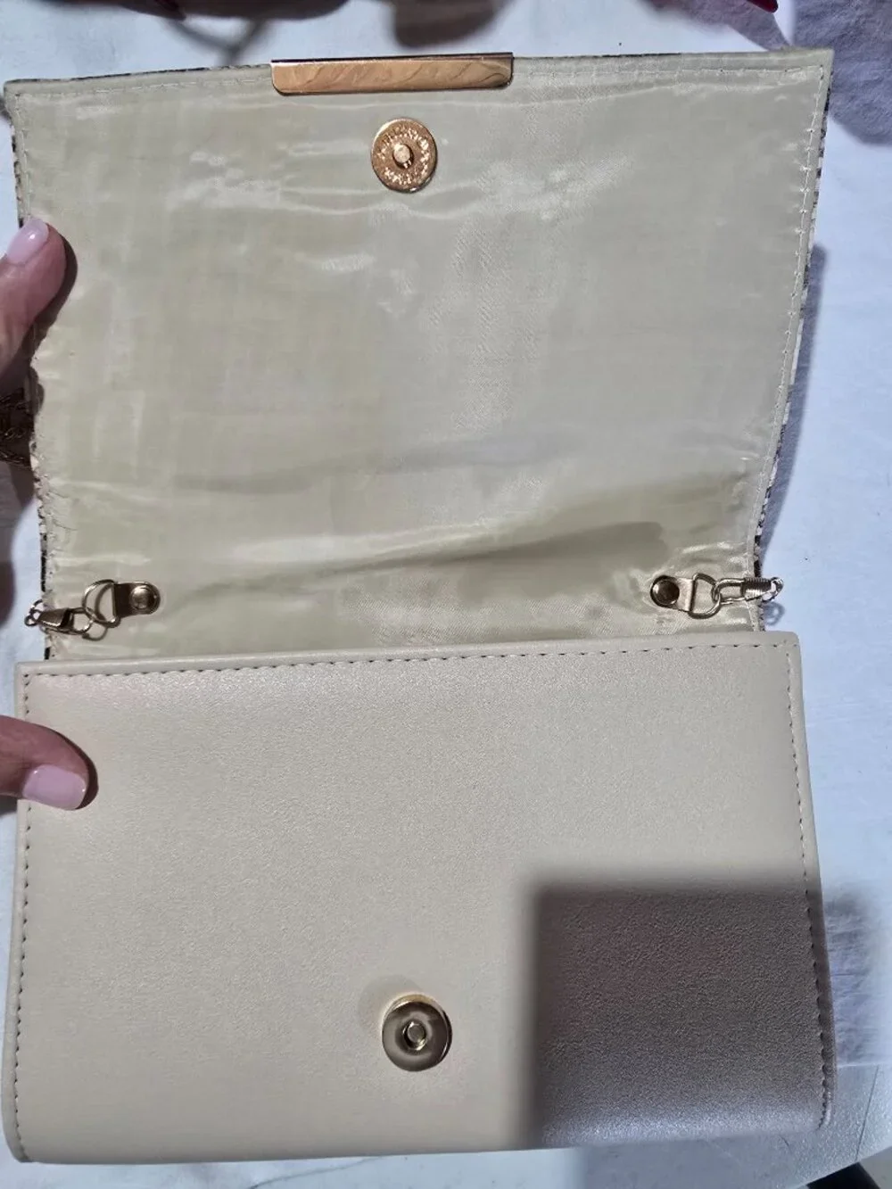 Faux Snakeskin & Beige Clutch Crossbody Evening Bag with Gold Chain Strap